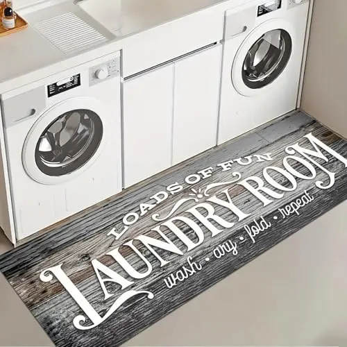 Brown laundry room runner rug with wood-grain and text print