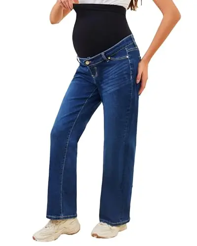 JIMYICLR Straight Leg Maternity Jeans in dark blue, featuring a simple over-belly panel and functional pockets.