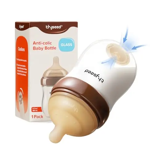 Thyseed glass baby bottle with anti-colic base vent and breast-like nipple