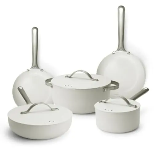 Alva Mobi 8-piece ceramic nonstick cookware set in cannoli cream color, with frying pans, saucepans, and stockpot