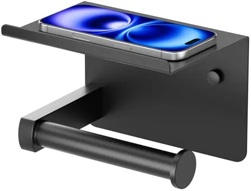 FORIOUS toilet paper holder with shelf and adhesive or screw installation in matte black