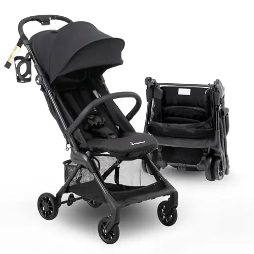 BabbleRoo Hoplite Compact Stroller folded next to a suitcase