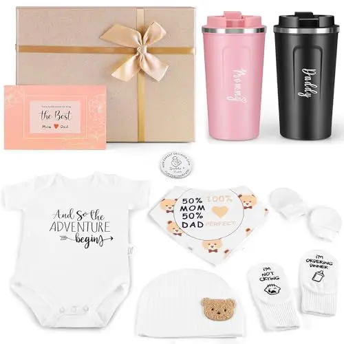 ASUKIN Pregnancy Gift Set with 17oz stainless steel Mom and Dad tumblers, baby beanie, onesie, mittens, bibs, socks, and a decision coin.