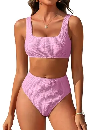 Anrabess women's high waisted ribbed bikini set in light pink
