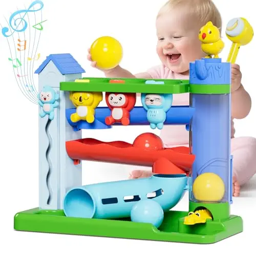 Ussybaby interactive hammer and ball drop toddler toy with animal faces