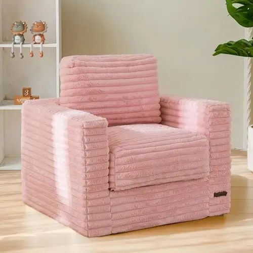 MAXYOYO kids bean bag chair in pink with faux fur fabric and two pillows