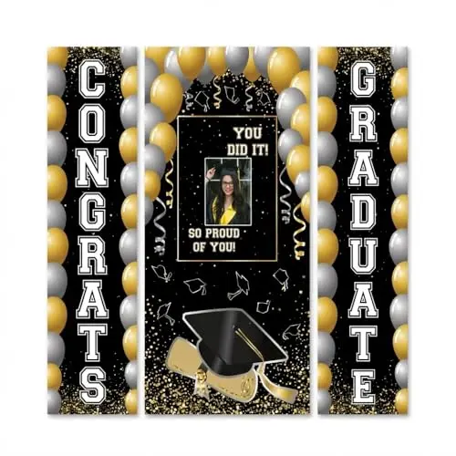 PMU 6-piece graduation decorations set including a large banner and hanging sign in black and gold