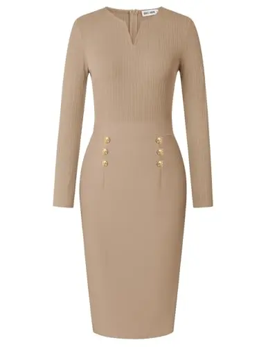 Grace Karin khaki bodycon midi dress with Henly V neck and back slit