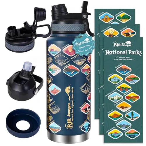 PJR Jsongos insulated stainless steel water bottle with national park stickers in Blue