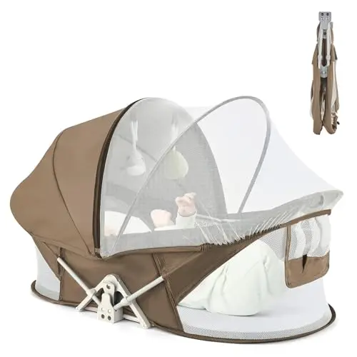 ISELECTOR Portable Baby Bassinet with attached mosquito net and sunshade canopy