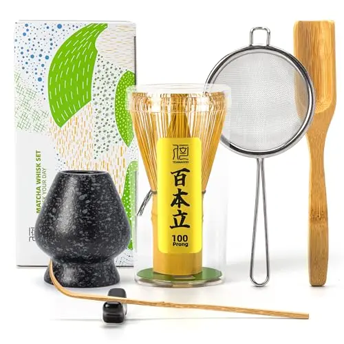 TEANAGOO 6-piece black matcha whisk set with bamboo tools and black holder