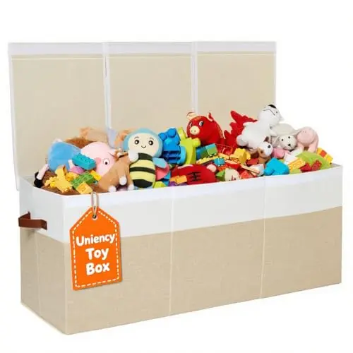 Beige fabric toy storage box with a Velcro lid, dual-color stitching, and removable internal dividers