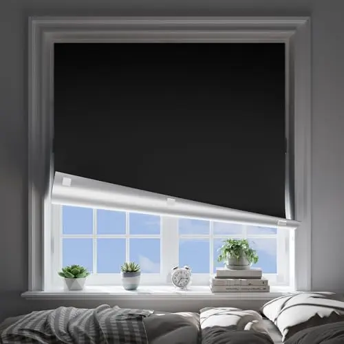 OTUOER black portable blackout shade with adhesive strips on a window.