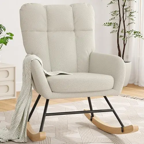 AYEASY beige modern rocking chair for nursery with high back and plush cushions