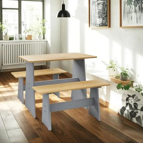 Meeyar grey farmhouse-style dining table with two matching benches