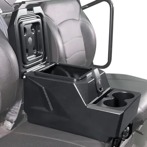 StarknightMT UTV Center Console Armrest Box with cup holders and a tablet slot, shown in a black textured finish.