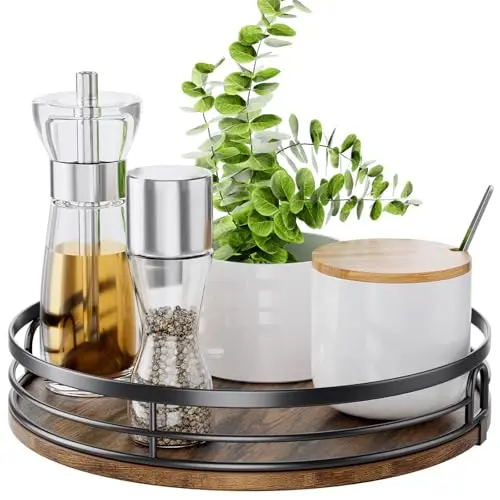 LAMU small wooden lazy susan organizer on a kitchen table with spices