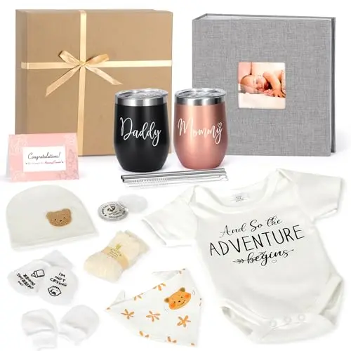 GIGPADE New Mom Gift Basket including baby photo album, tumblers, and baby essentials