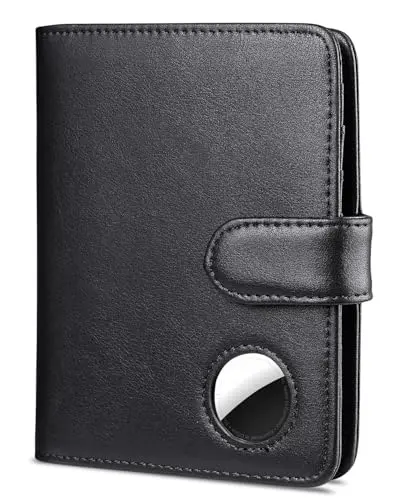 SEROVI black leather passport holder with magnetic closure, featuring a dedicated slot for an Apple AirTag.