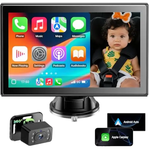 LAMTTO 7-inch baby car camera with split-screen display mounted on a car dashboard.