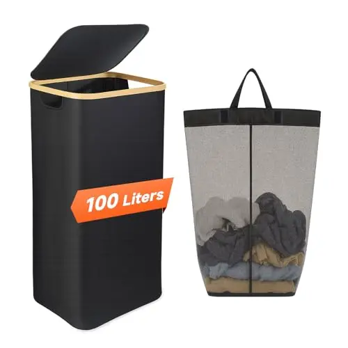 BEST GEAR black tall laundry hamper with a lid and bamboo handles.