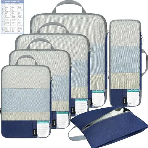 Bagail 6 Set Compression Packing Cubes in Navy with compression zippers and custom labels