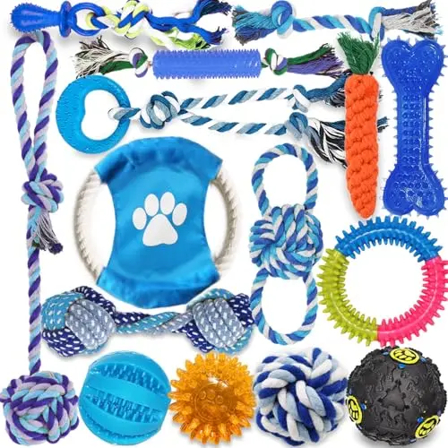 Mnubsrva 15-piece assortment of dog toys including ropes, rubber balls, and squeakers