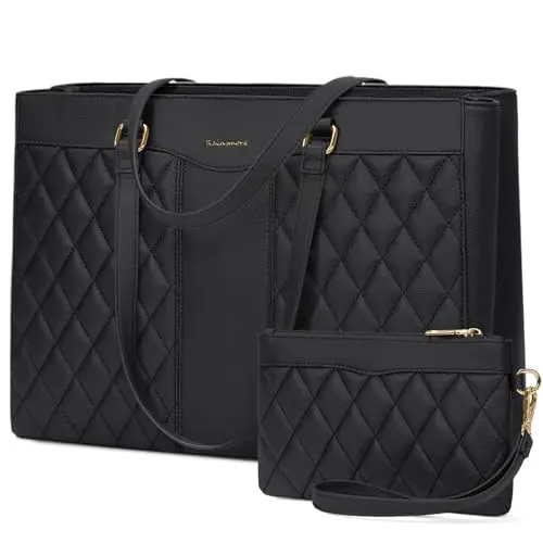 RAINSMORE black quilted leather laptop tote bag with a removable wristlet