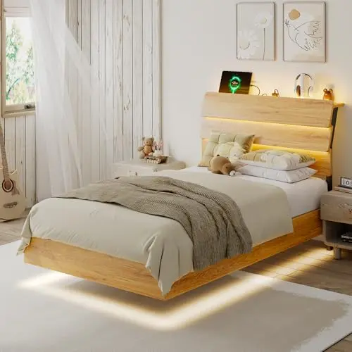 iPormis floating twin bed with LED strips underneath and ergonomic wooden headboard