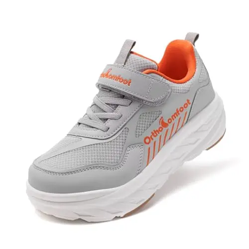 Grey orthopedic walking shoes for kids with wide toe box and arch support