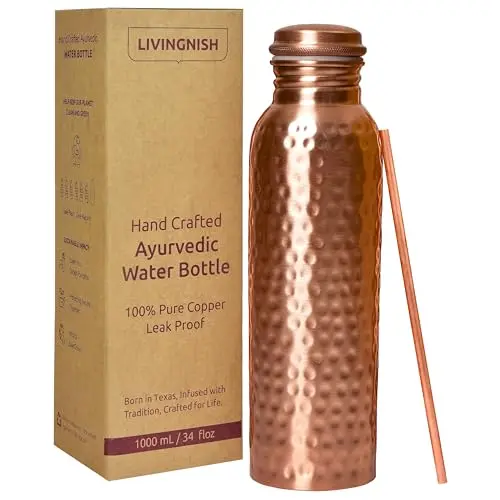 LIVINGNISH 34oz copper water bottle with straw and neoprene sleeve