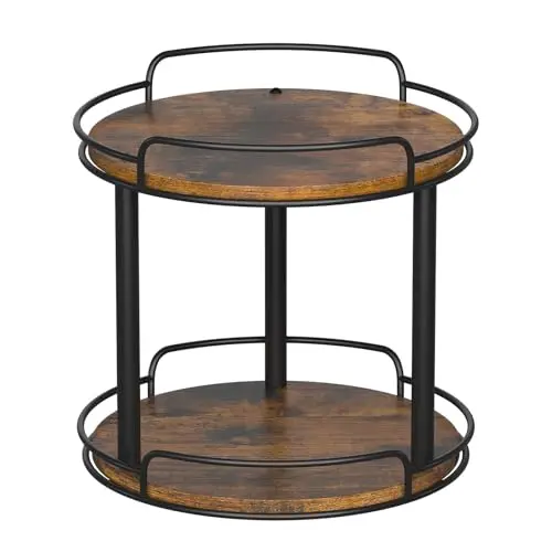 LAMU two-tier wooden lazy susan organizer in rustic brown on a kitchen counter