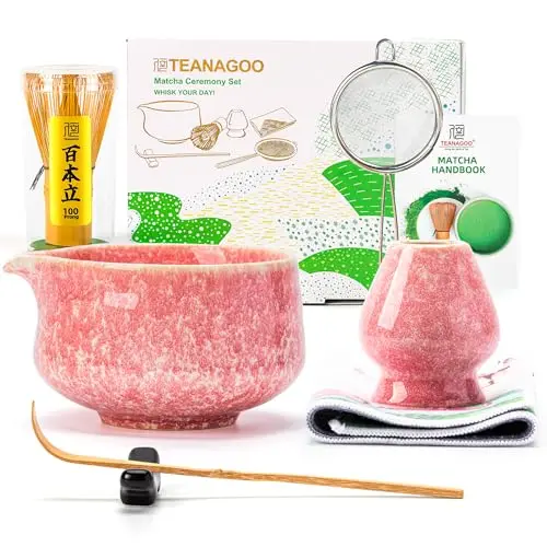 TEANAGOO 7-piece pink matcha whisk set with ceramic bowl, bamboo tools, and accessories