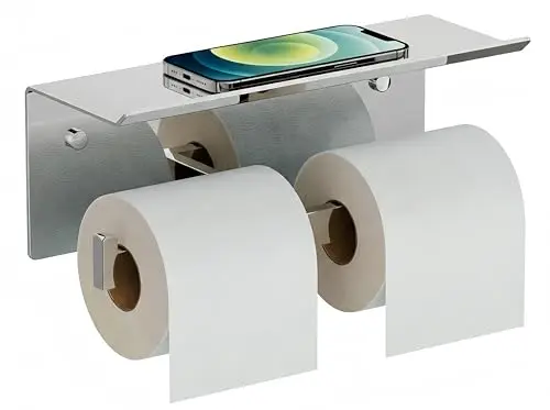 FORIOUS double toilet paper holder with shelf in chrome stainless steel