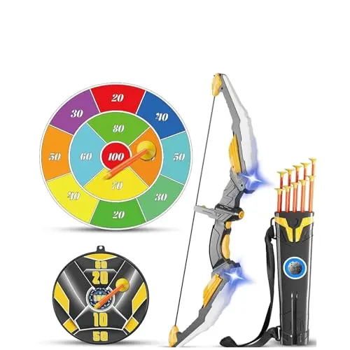 Black and gold LED bow and arrow set with targets and suction cup arrows