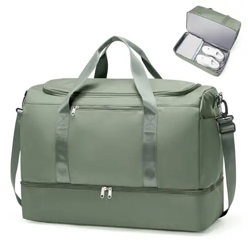Extra large duffle bag for women showing main compartment and separate bottom shoe pocket