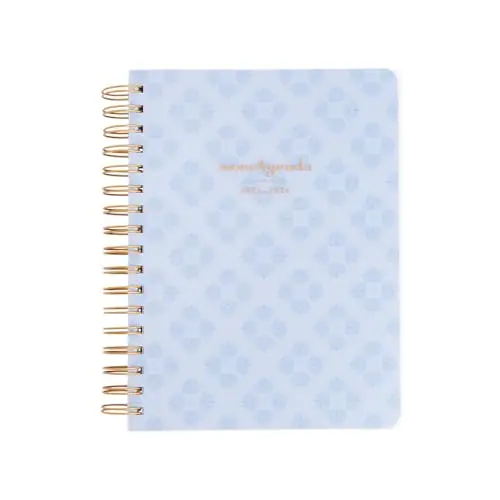 momAgenda Desktop Spiral Planner in Blue Damask, open to a weekly page with columns for multiple children.