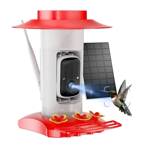 SV3C red smart hummingbird feeder with built-in 2K camera and solar panel