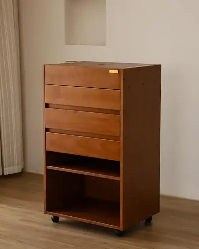DJAR Wooden Art Supply Cabinet with drawers and compartments on lockable wheels