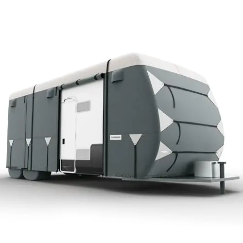 KING BIRD white and gray heavy duty 7-layer RV cover on a travel trailer