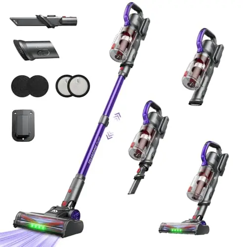 AlloyMove purple cordless vacuum cleaner standing upright on a hard floor