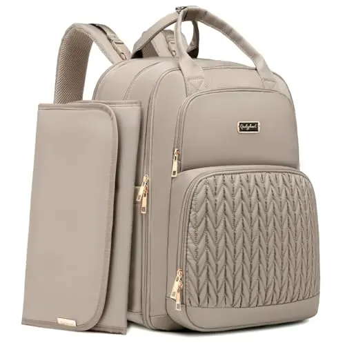 Qualyphant quilted taupe expandable diaper bag backpack