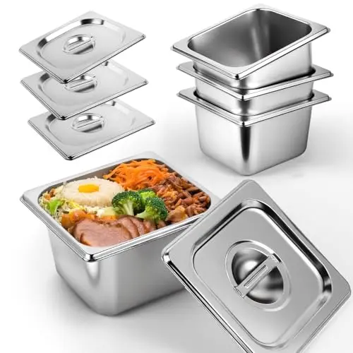 West Bay stainless steel hotel pan with lid, showing polished mirror finish and rolled edges.