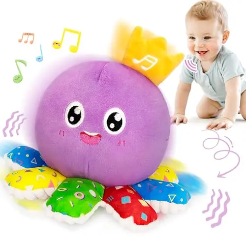 Colorful plush octopus toy that dances and crawls to encourage movement