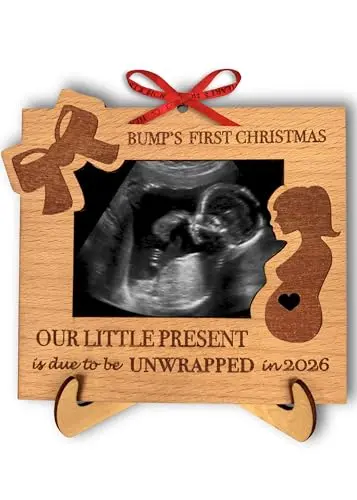 Wooden Christmas ornament frame for ultrasound photos with 'Bump's First Christmas 2026' engraving