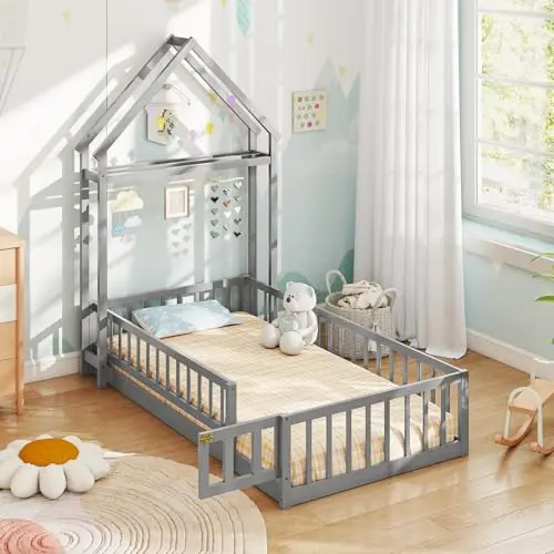 Giantex grey wooden house-shaped floor bed with detachable headboard and clothes hanger