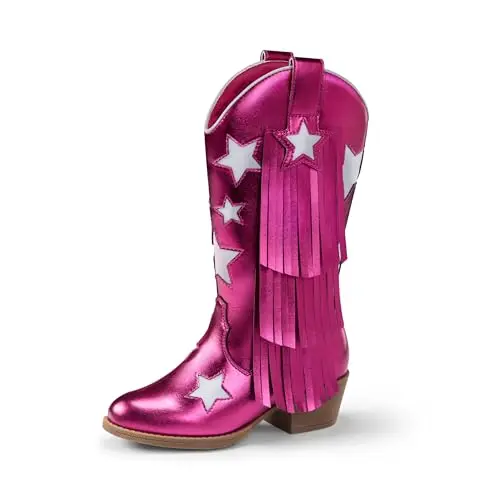 PatPat hot pink cowgirl boots for girls with fringe and star embroidery