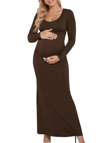 Yousify scoop neck long sleeve maternity maxi dress with side split