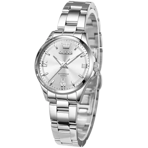 OLEVS silver women's watch with stainless steel mesh band and purple accents