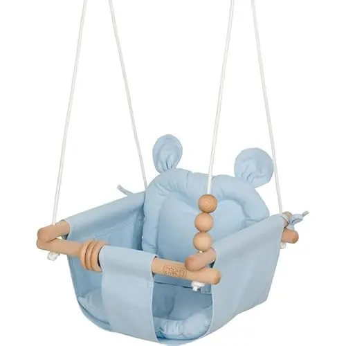 Monkey & Mouse pale blue cotton canvas baby swing with wooden toys